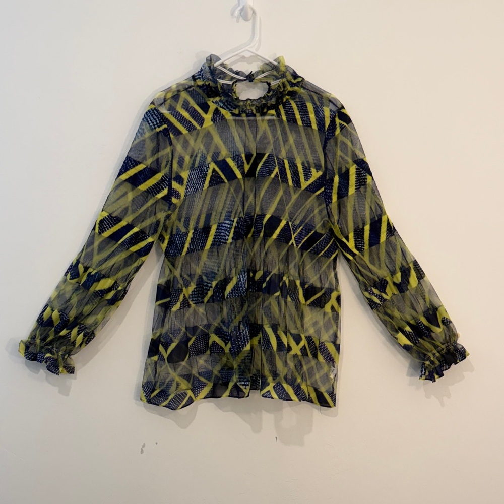 Sheer Women blouse with Yellow and Blue style pattern 2000s vibe ruffled size L